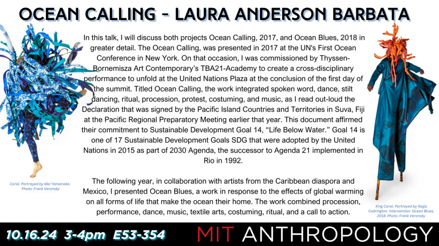 Ocean Calling - Laura Anderson Barbata featuring images of two figures in costume from artist's performance pieces. Abstract is included - text is on webpage