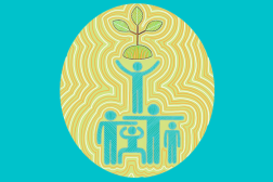 Logo: an oval with 4 human figures in blue holding up one human figure who is holding up a plant sprouting 3 leaves, almost as a crown